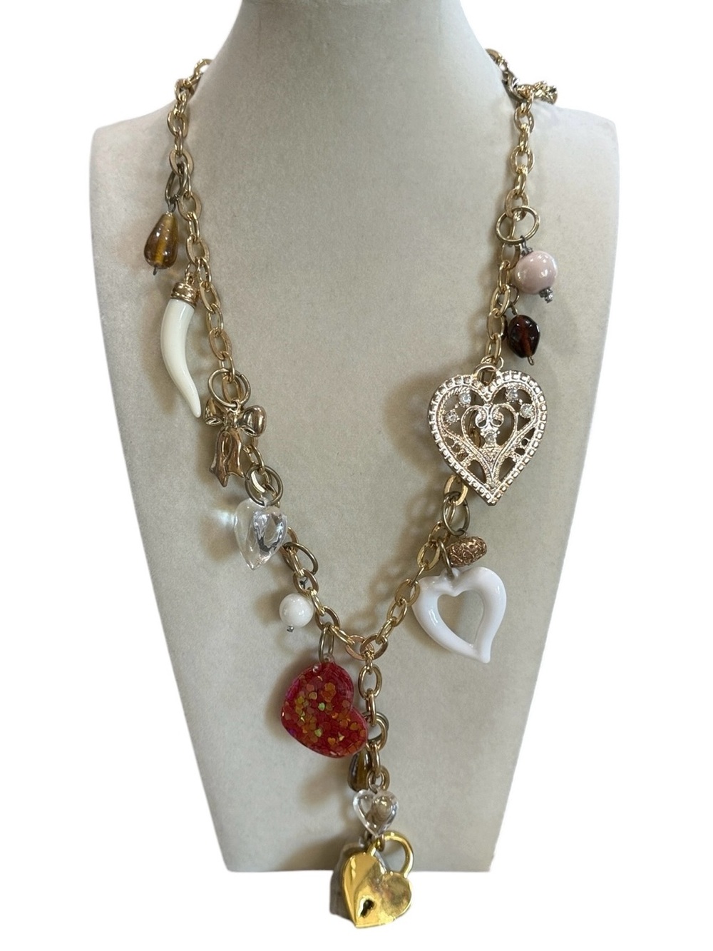 Fun Chunky Multi Heart Charm Padlock Key Gold Tone Statement Necklace